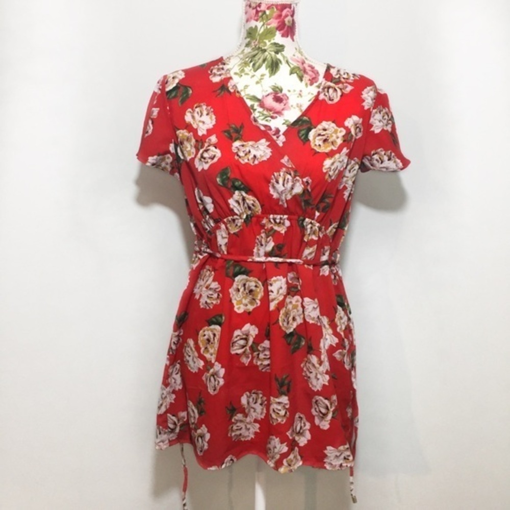 Bright Red Floral Maternity Faux Wrap Blouse Top